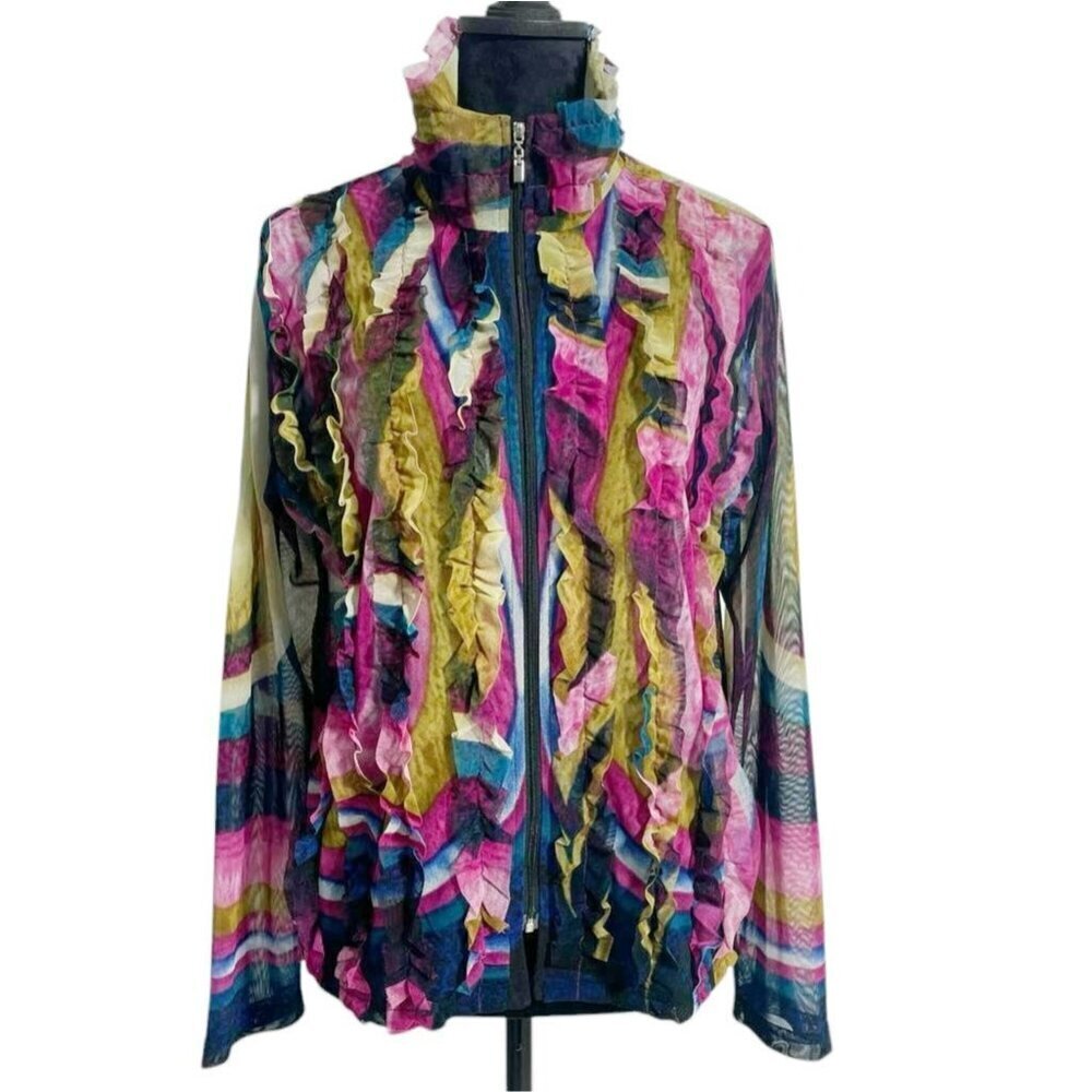 Damee, Inc. Size Small Medium Top Blouse Jacket Zip Up Colorful Abstract Art